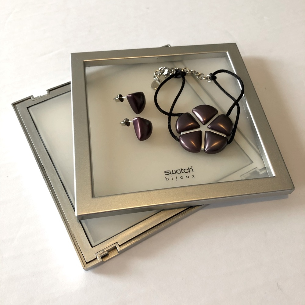 SWATCH purple Nib earrings and bracelet set EUC